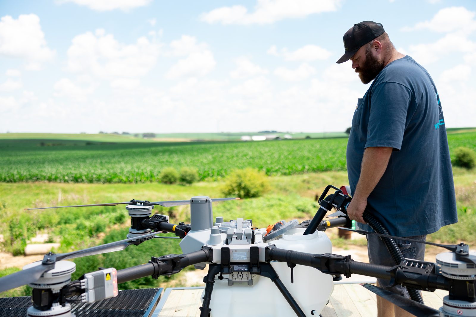 Spray drone staged on the trailer deck